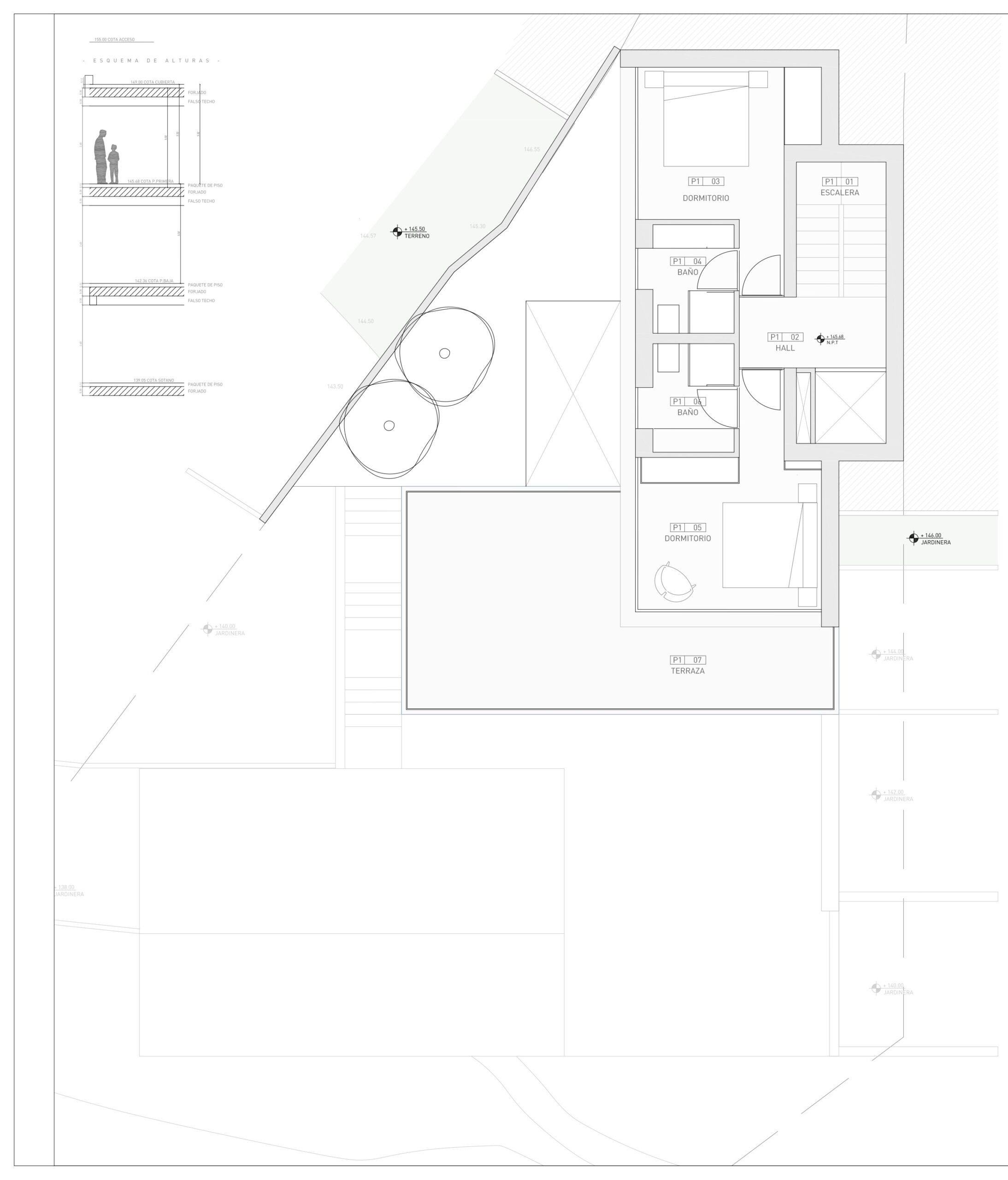 Technical floor plan of the first level featuring two bedrooms with en-suite bathrooms, a central hall with elevator, and a spacious terrace.