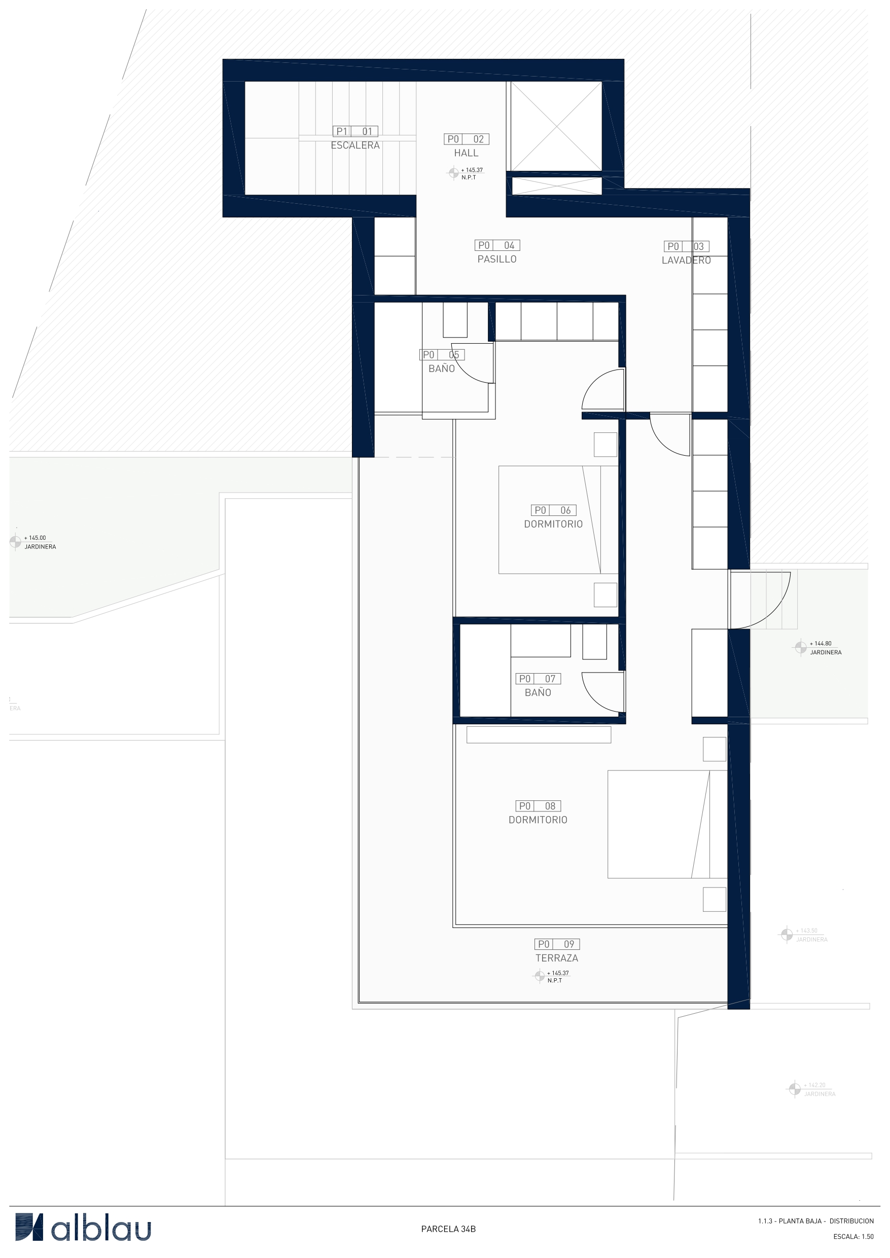 Architectural floor plan of the ground floor showing the layout of two bedrooms with en-suite bathrooms, a laundry room, and a spacious terrace.