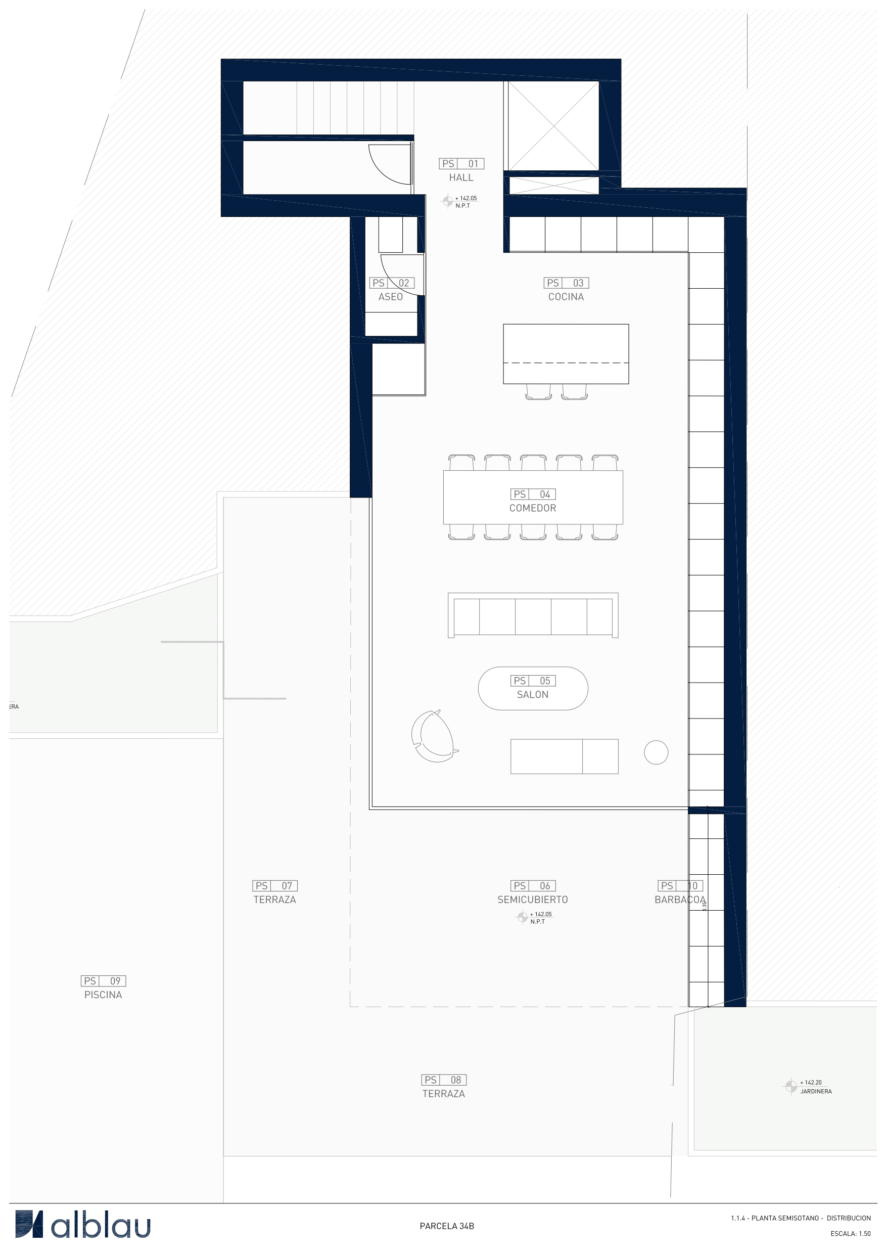 Architectural floor plan of the main level featuring an open-concept kitchen, dining area, and living room with direct access to the pool terrace and BBQ.