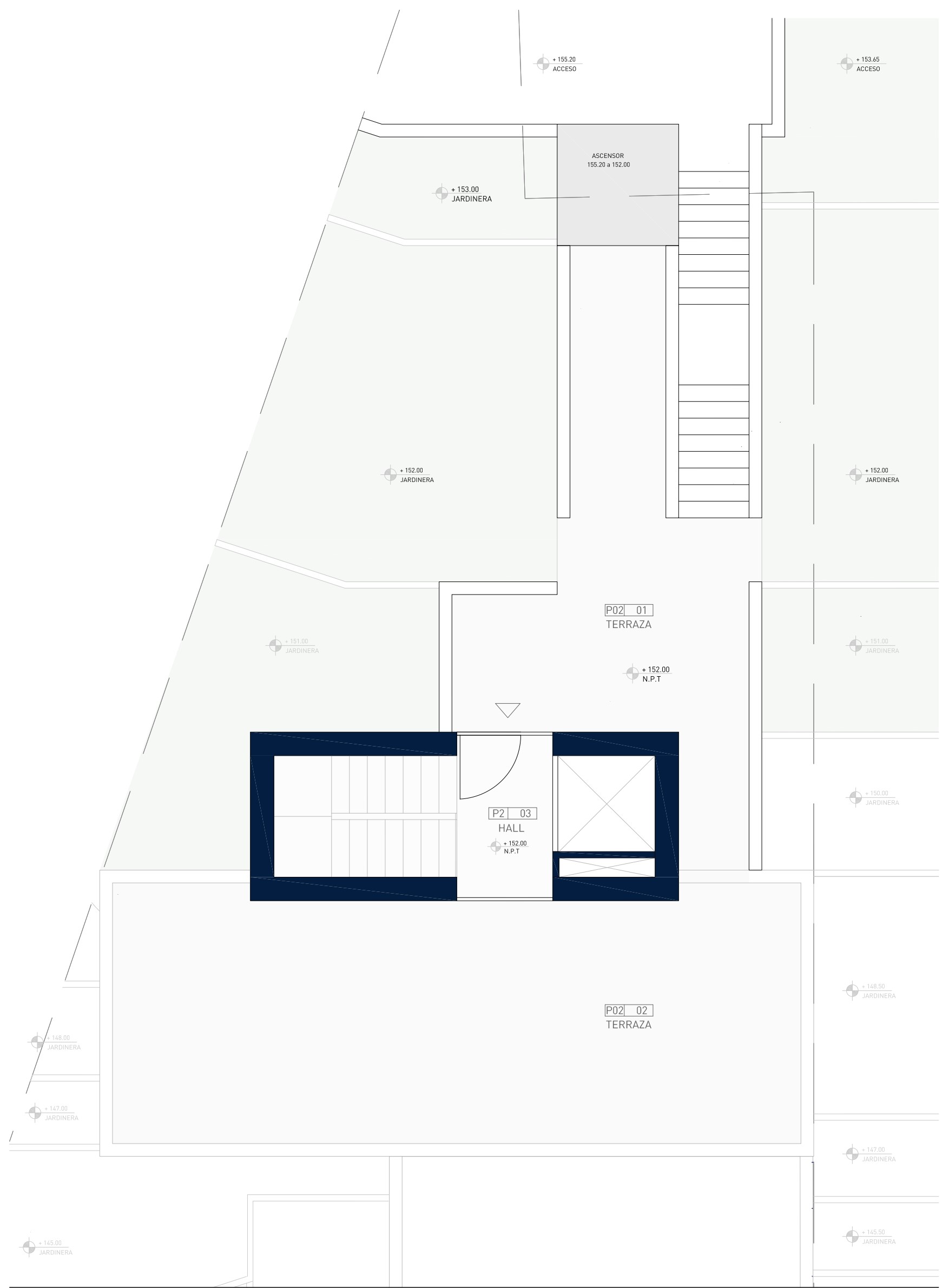 Detailed architectural floor plan of the upper level featuring the entrance hall, elevator access, internal stairs, and expansive terraces with integrated planters.