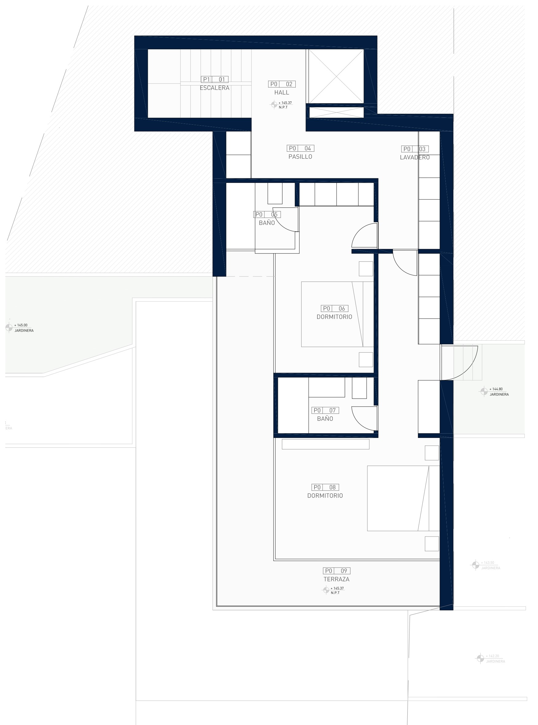 Detailed floor plan of level P0 featuring two double bedrooms with en-suite bathrooms, a laundry room, and an expansive wrap-around terrace.