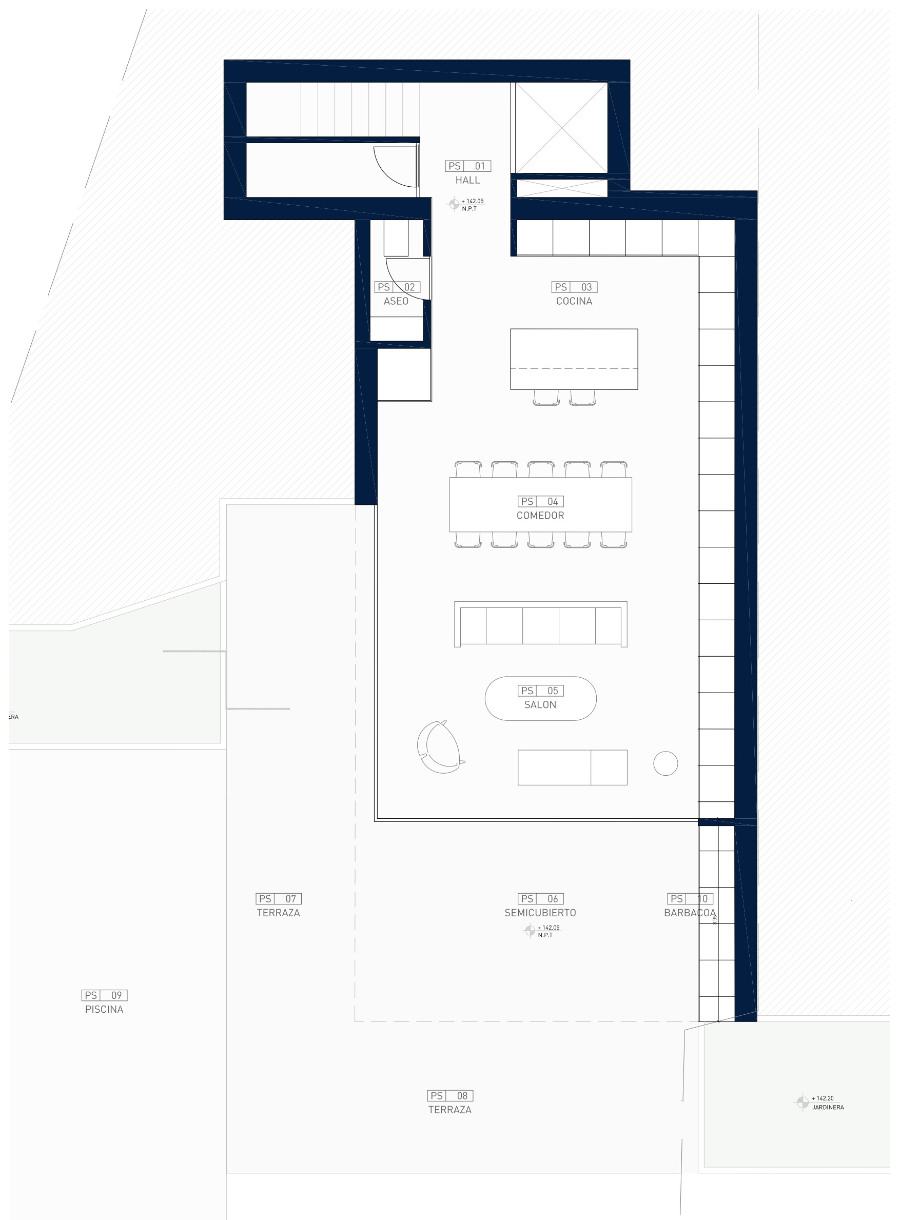 Detailed floor plan of the ground floor illustrating the open-plan living, dining, and kitchen area with direct access to the expansive terrace, swimming pool, and outdoor BBQ.