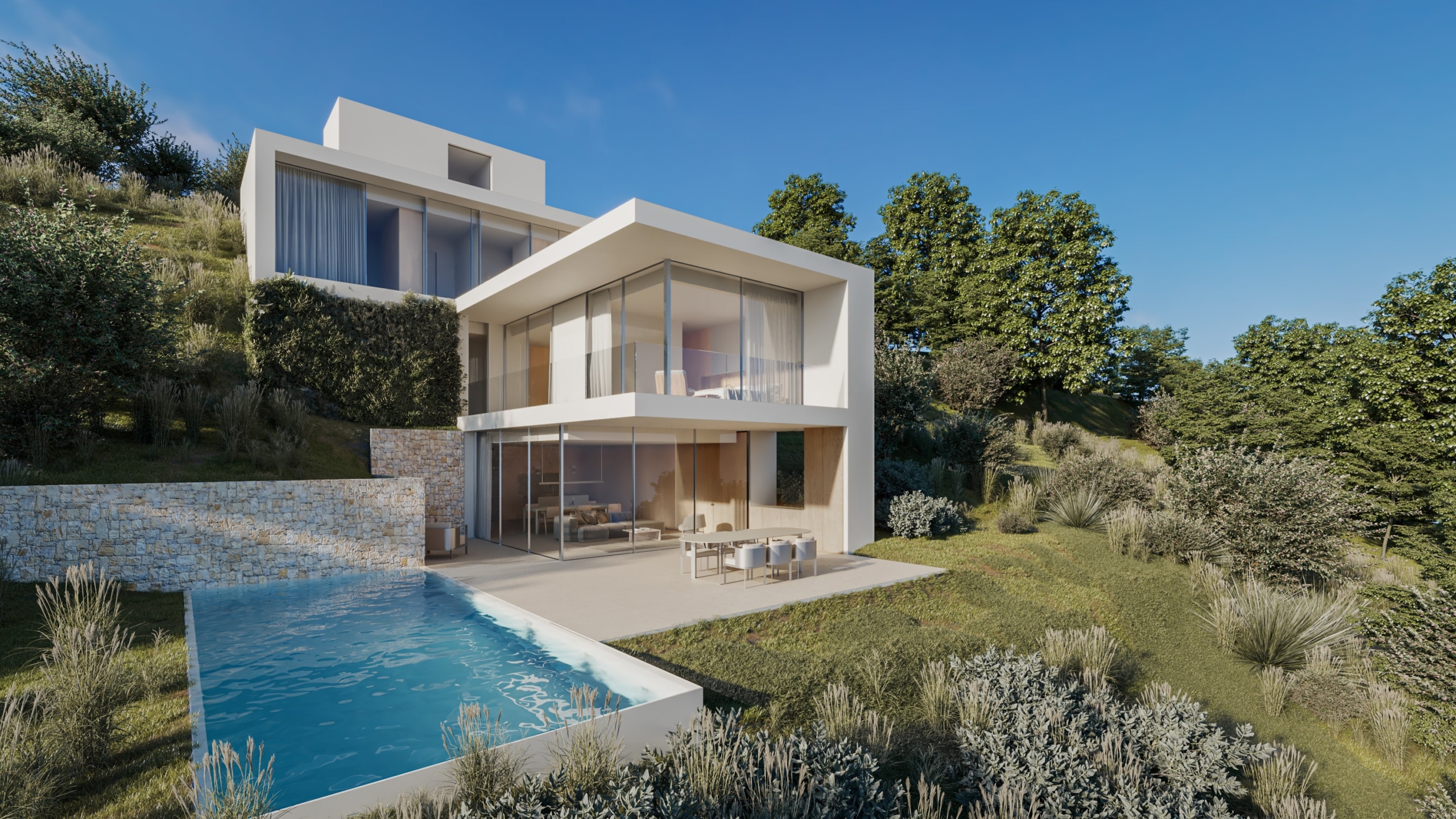 Exterior view of the modern cubic villa featuring an infinity-style pool, stone retaining walls, and floor-to-ceiling glass windows across multiple levels on a sloped plot.