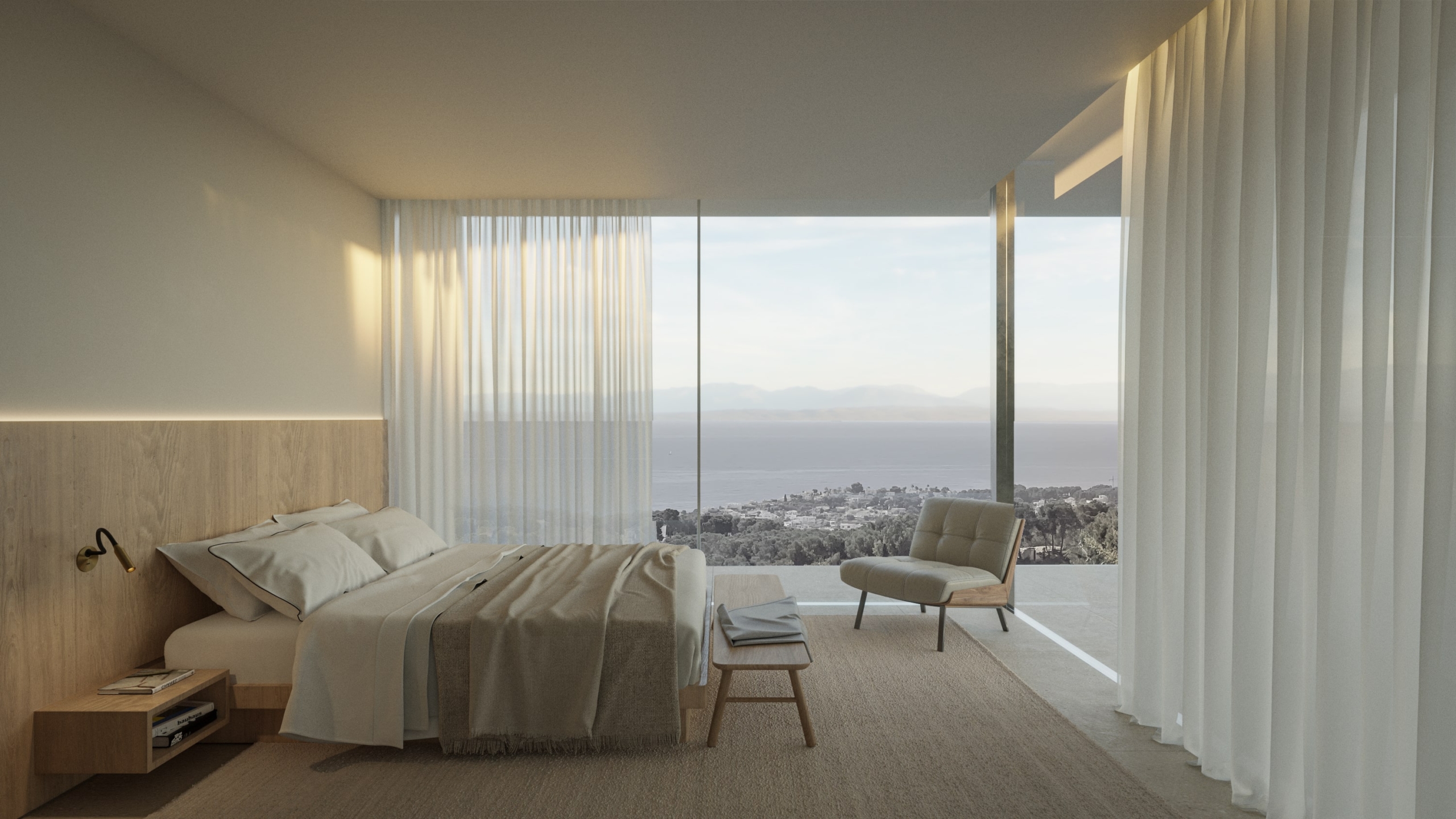 Modern bedroom featuring floor-to-ceiling windows with panoramic sea views, a wooden headboard with integrated LED lighting, and minimalist neutral-toned furniture.