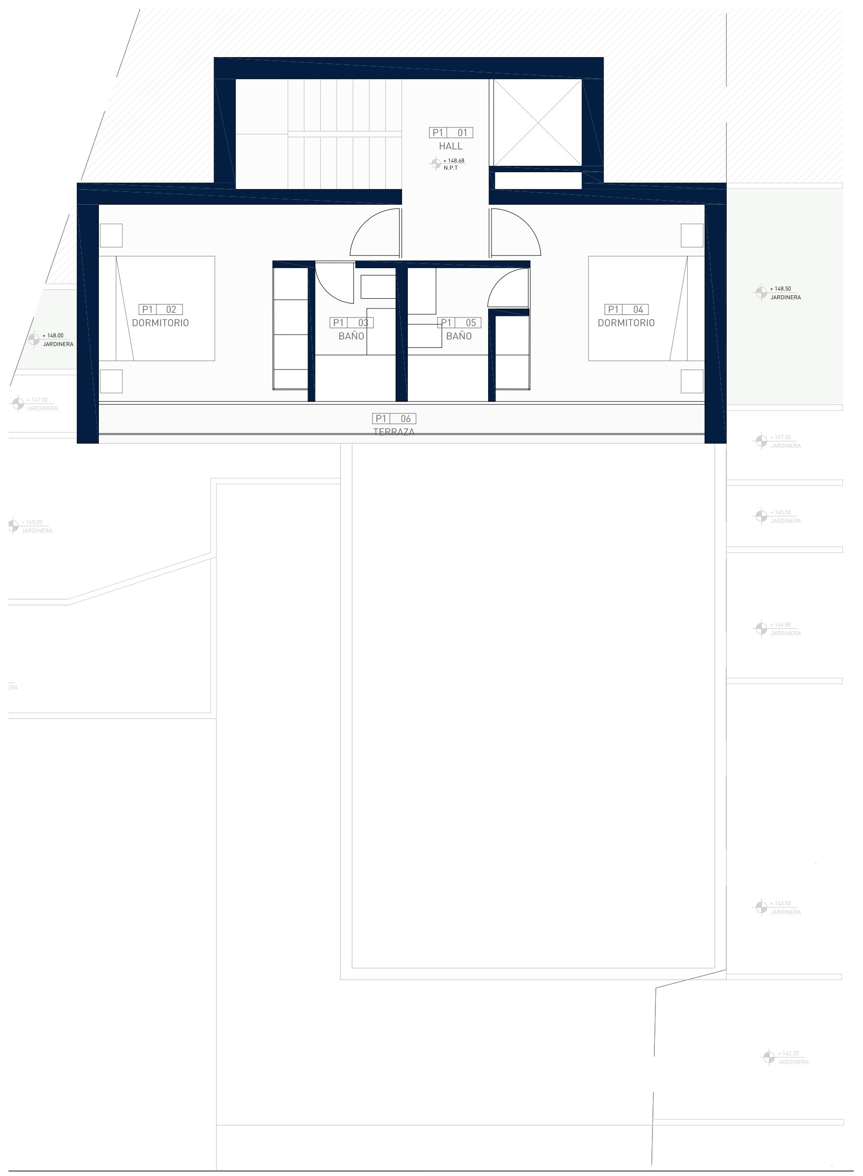 Technical floor plan of the first level showing two double bedrooms with en-suite bathrooms and a shared terrace, connected by a central hall with elevator and stair access.