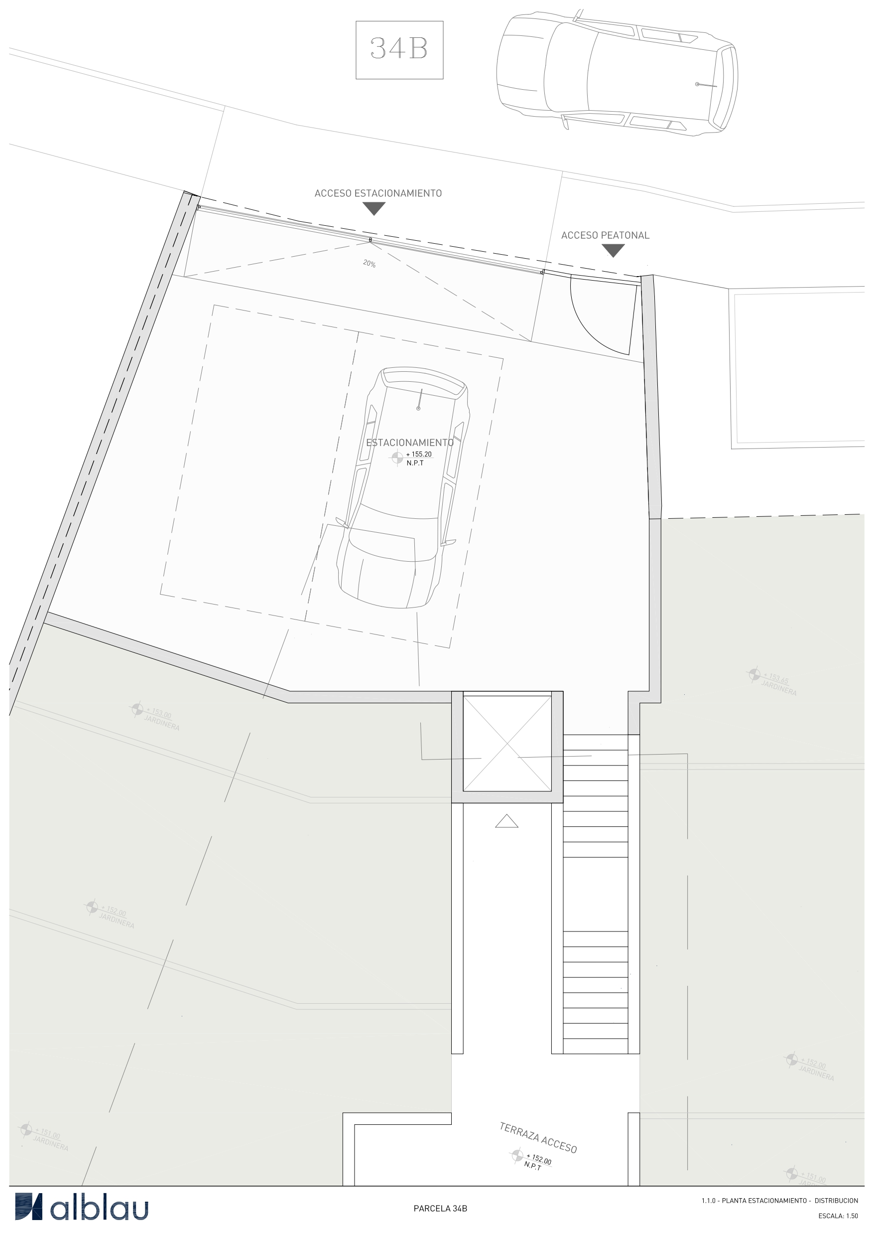 Technical floor plan of the parking level featuring a double parking bay, pedestrian access, and the elevator and stairwell connection to the main villa.