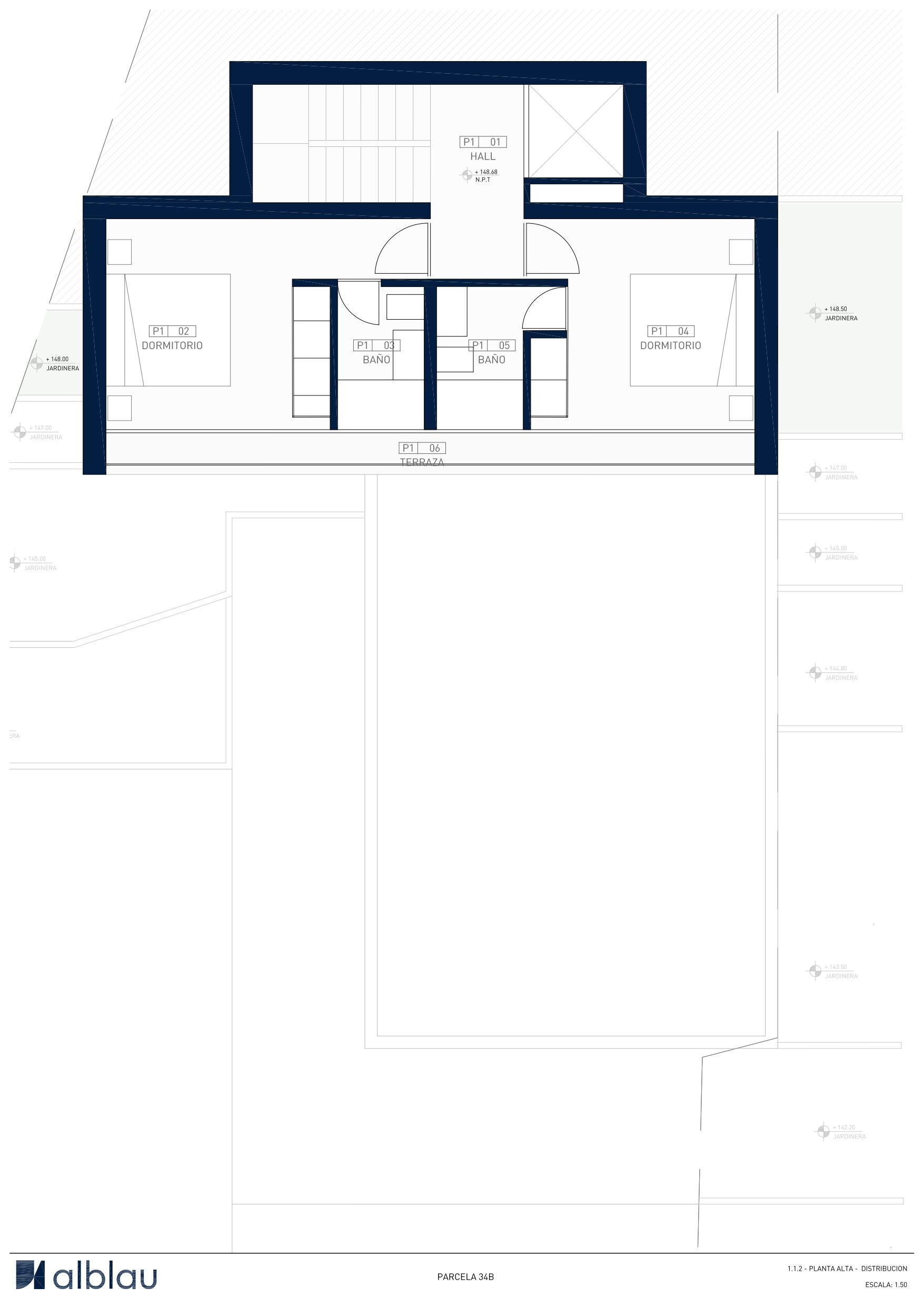 Technical floor plan of the upper level showing the layout of two bedrooms with en-suite bathrooms, a central hall, and a shared terrace area.