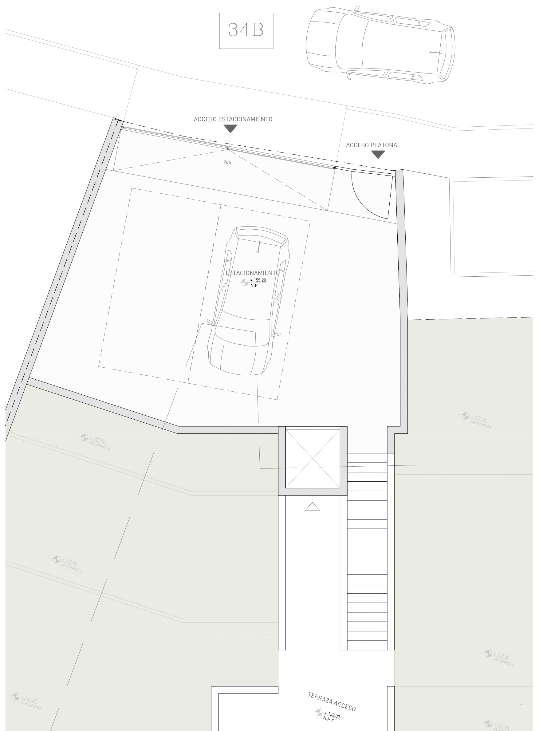 Technical site plan of the street level featuring double parking spaces, pedestrian access, and the vertical connection via stairs and elevator to the entrance terrace.