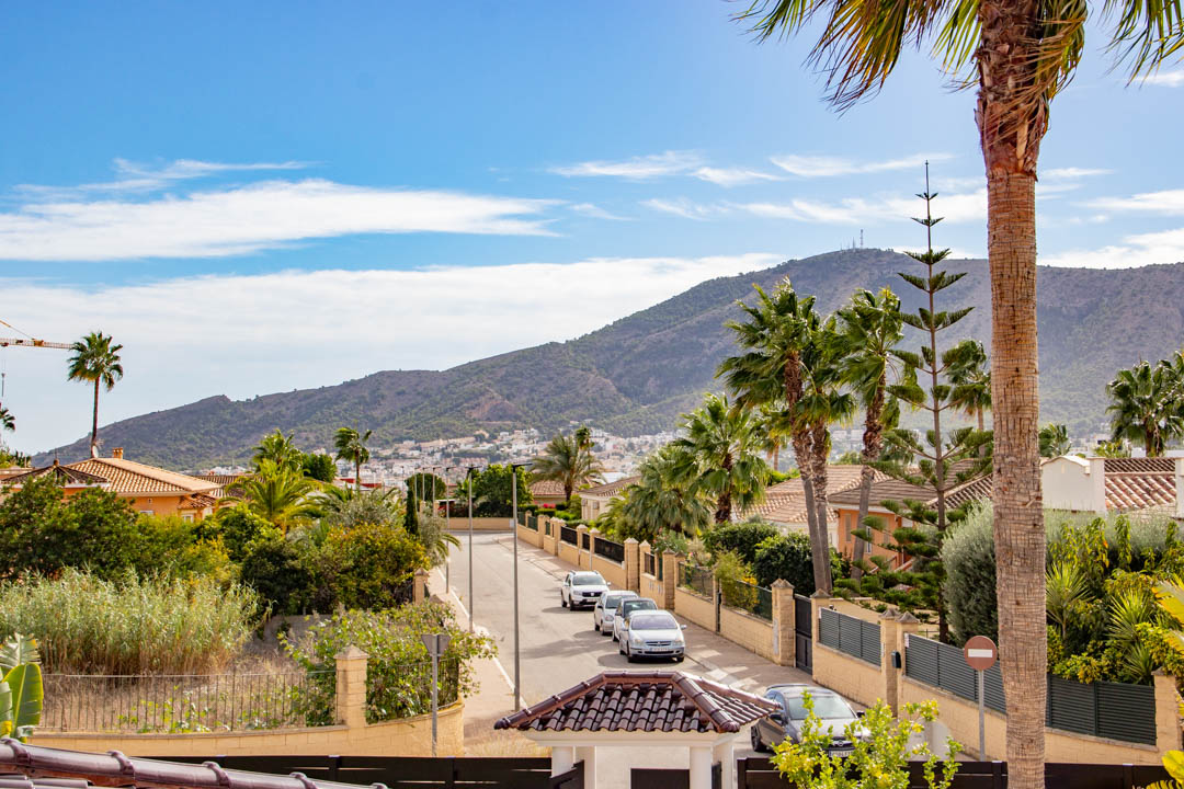 Clear view from the upper level towards the residential surroundings, showing the palm-lined street and the mountain silhouette under a bright blue sky.