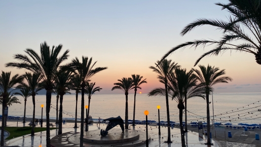 Panoramic sunrise views over the coastal promenade, featuring mature palm trees, spherical street lighting, and a maritime sculpture facing the sea.
