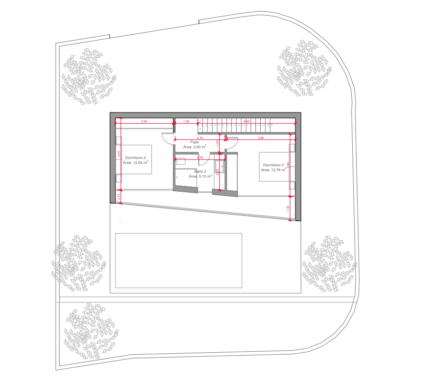 Architectural floor plan of the upper level featuring two double bedrooms, a shared bathroom, and a central hallway, illustrating the spatial layout and dimensions.