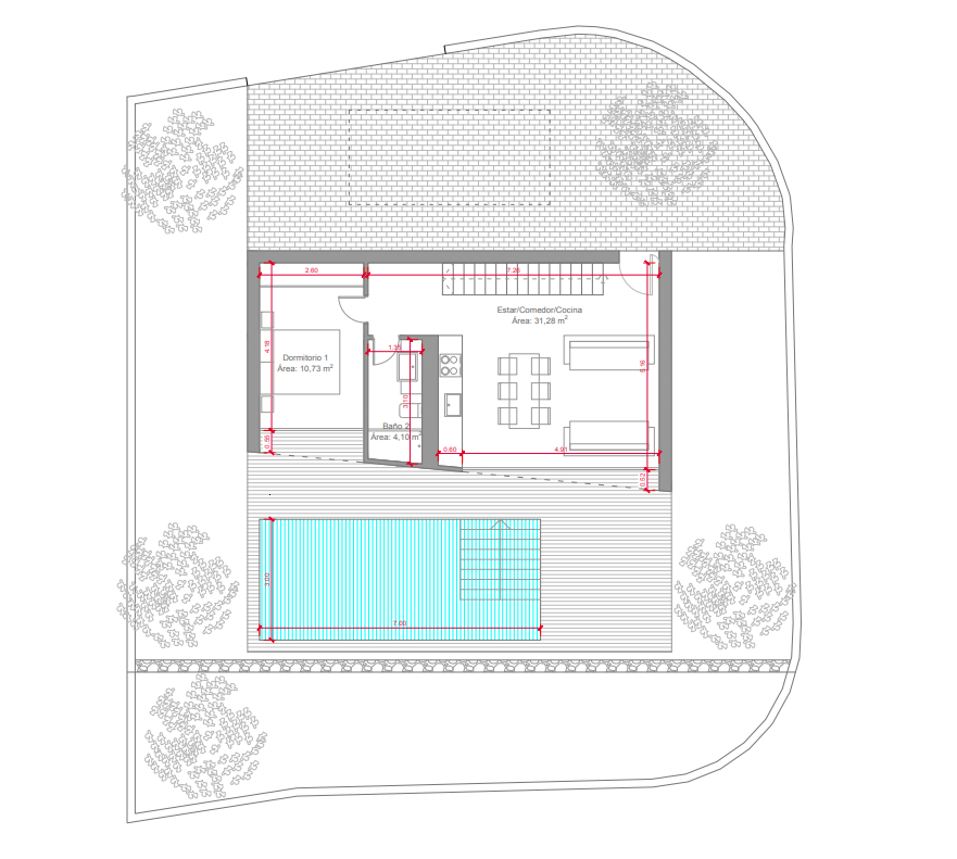 Detailed ground floor plan showing the 31 m² open-plan living area, a bedroom, bathroom, and the outdoor space with a 7x3 meter swimming pool and terrace.
