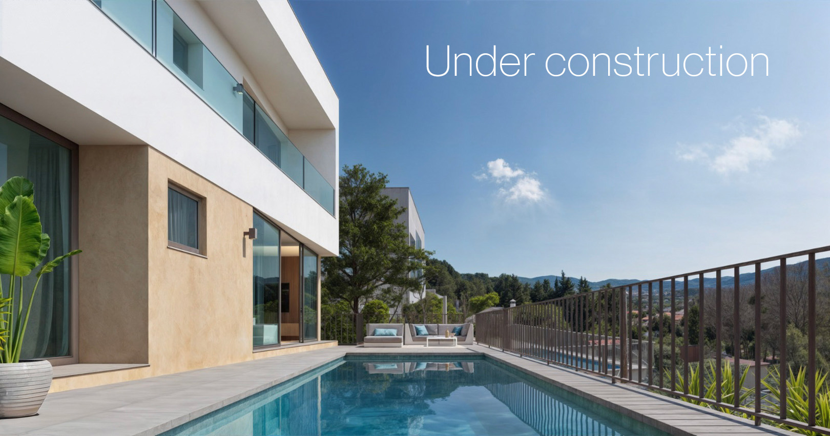 Exterior view showing the rectangular swimming pool and stone terrace. The modern facade features glass railings and large sliding doors with views of the surrounding valley.