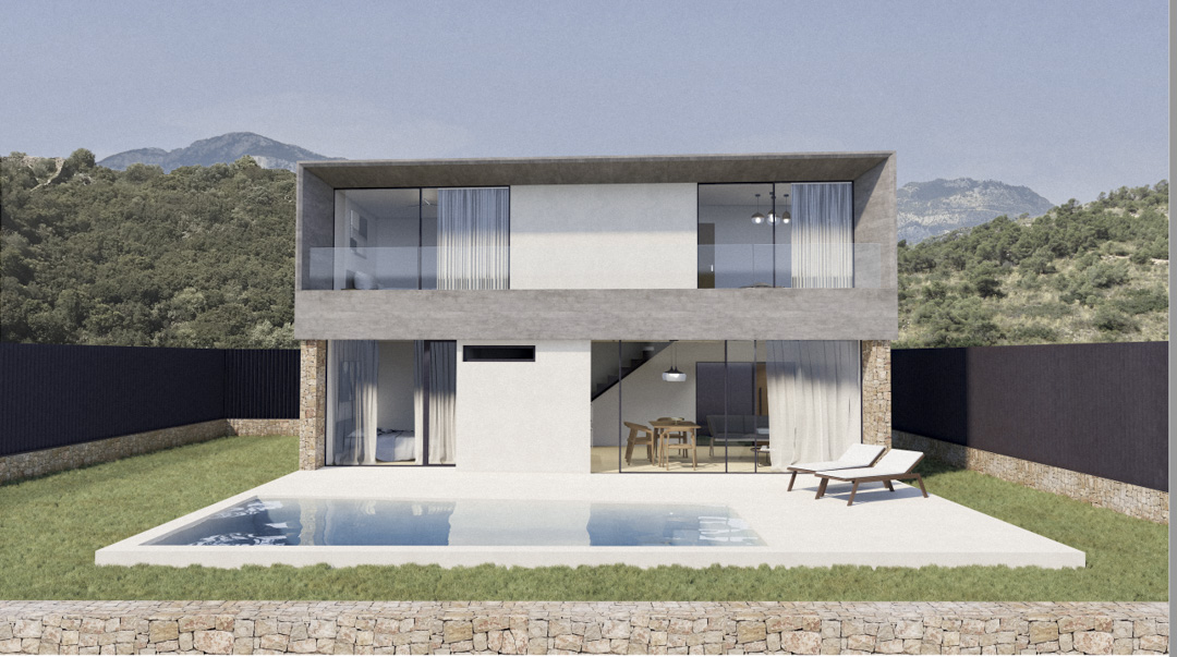Minimalist two-story exterior featuring floor-to-ceiling glazing, a rectangular pool on a white terrace, and natural stone accents against a mountain backdrop.