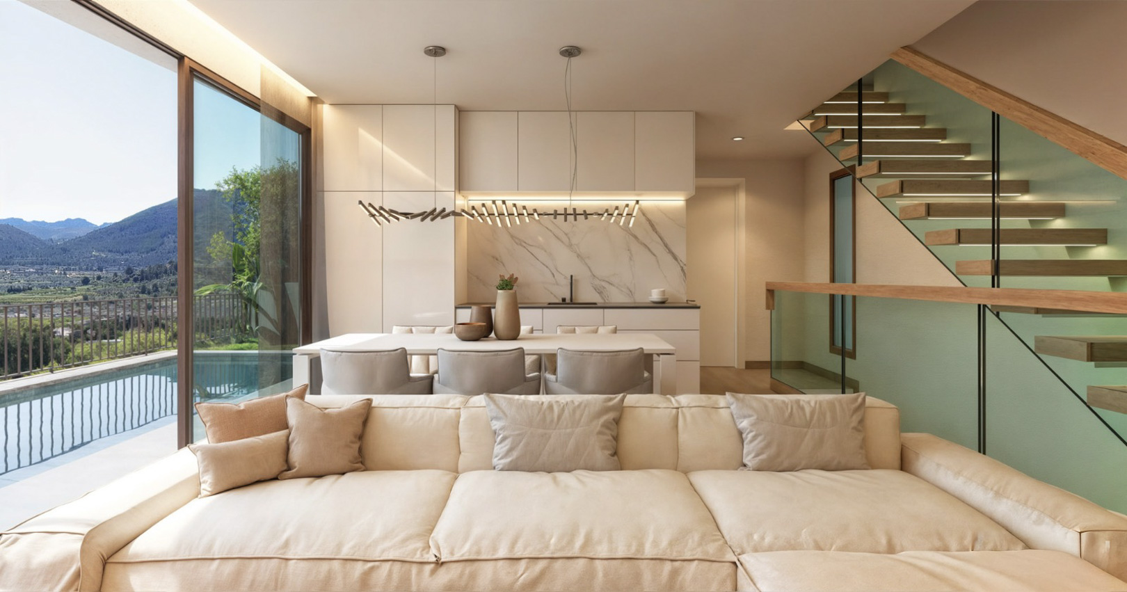Open-plan living area featuring a modern kitchen, floating wooden staircase with glass balustrades, and floor-to-ceiling windows overlooking the pool.