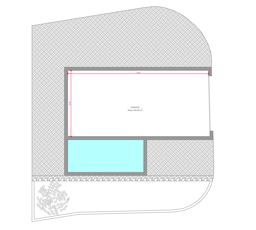 Technical floor plan of the semi-basement featuring a spacious 80 sqm garage measuring 13 by 6 meters, located adjacent to the pool area.