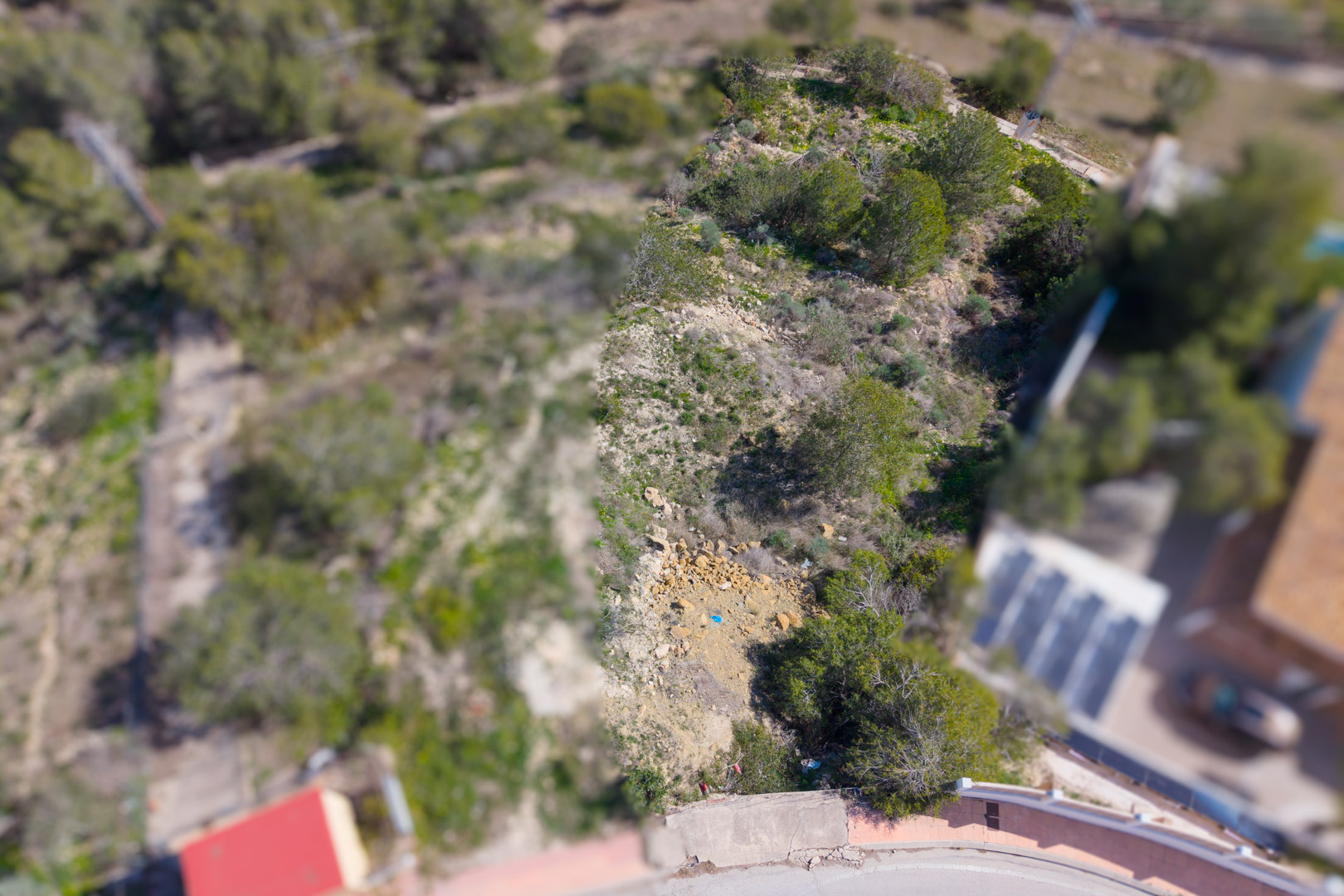 Aerial top-down view of the sloping plot, featuring native pine vegetation and natural rocky terrain in the Los Bancales area.