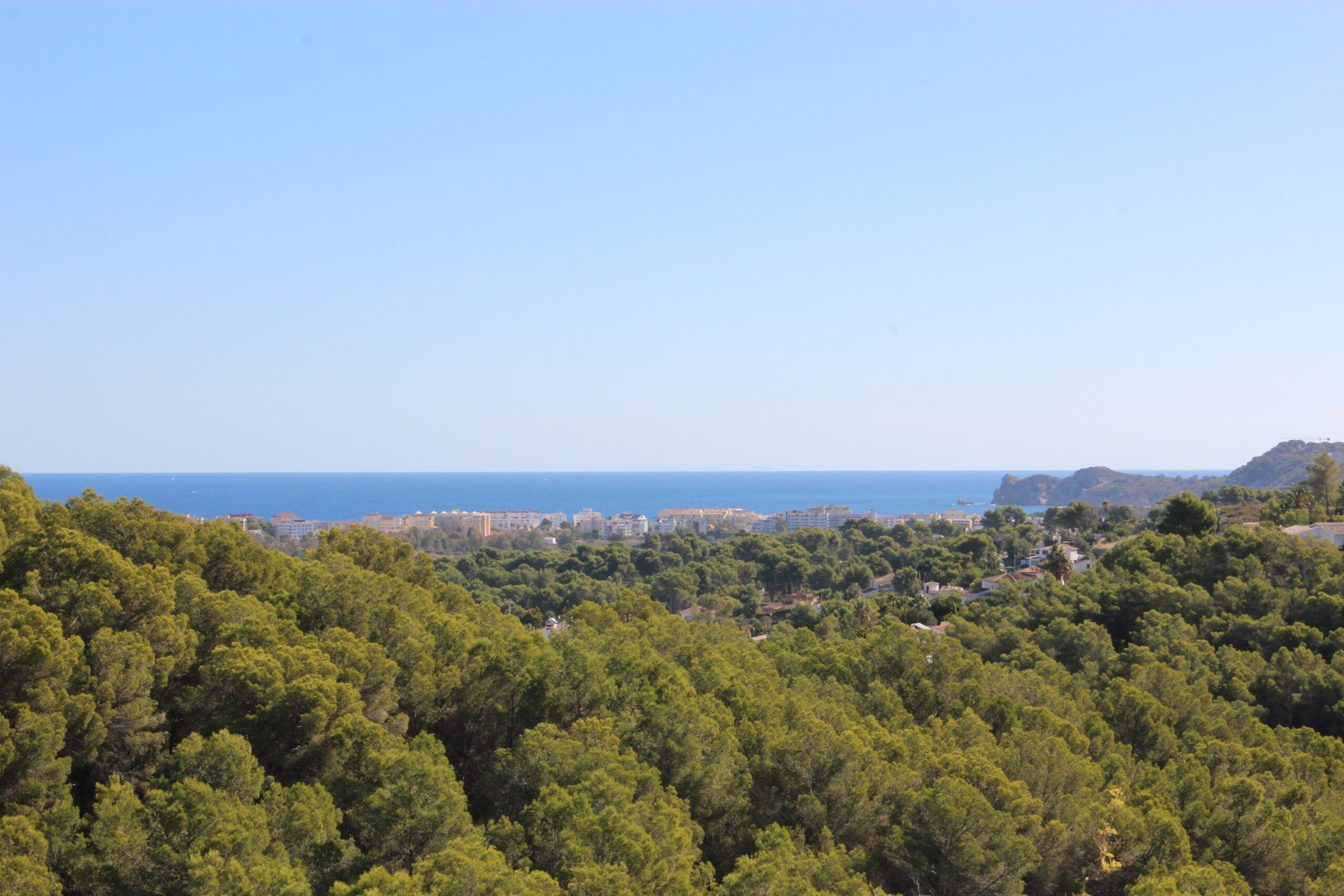 Panoramic Mediterranean Sea views from the elevated plots, featuring a dense pine forest in the foreground and the Javea coastline in the distance under a clear sky.