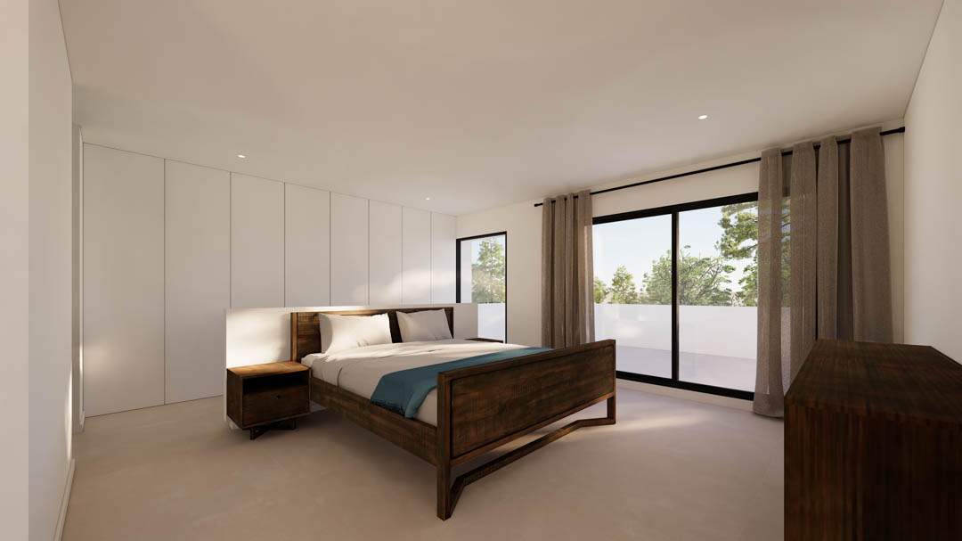 Bedroom featuring floor-to-ceiling white wardrobes, dark wood furniture, and large sliding glass doors opening onto a private terrace.