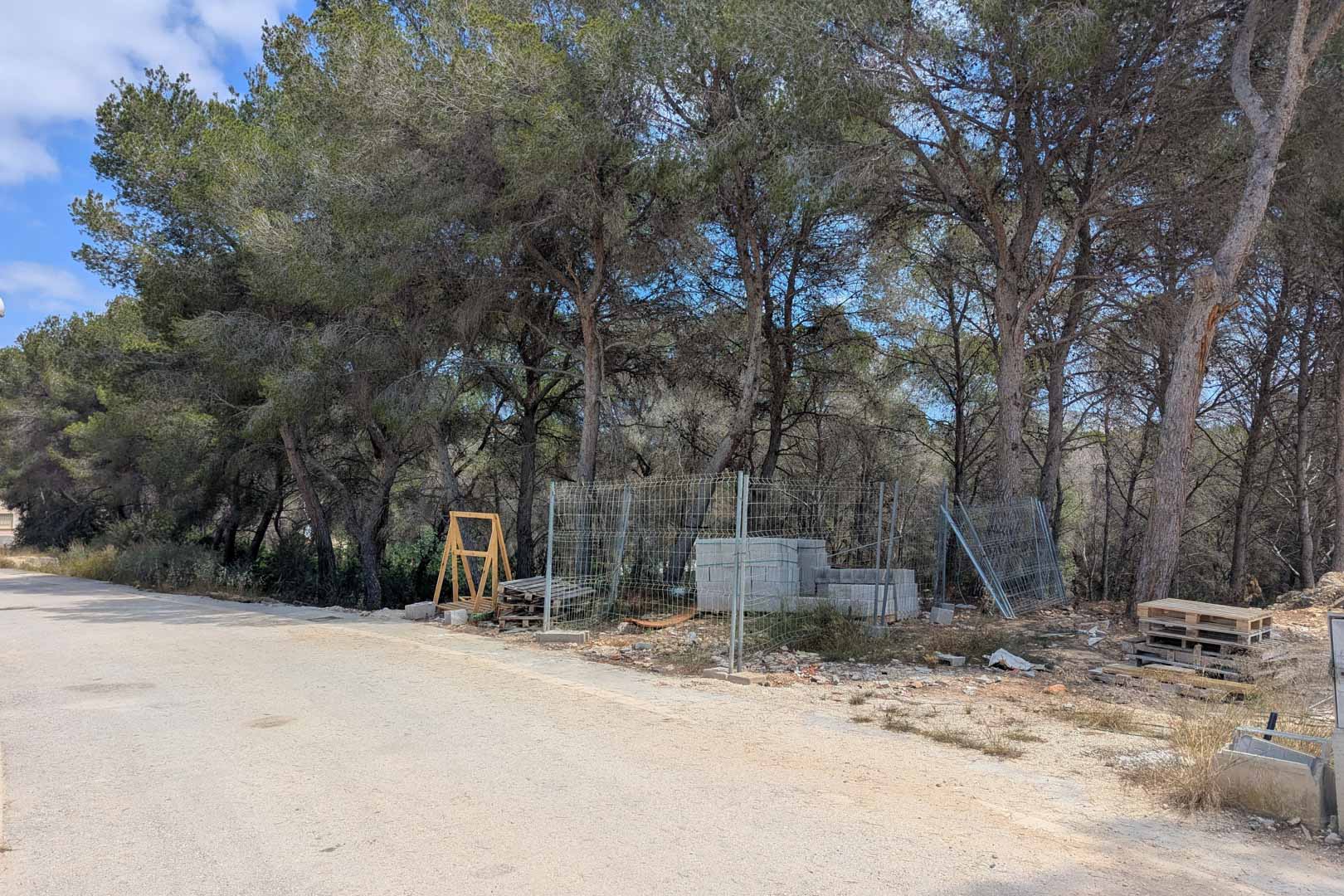 Building plot featuring mature pine trees and initial construction materials, located alongside a paved access road in a quiet residential area.