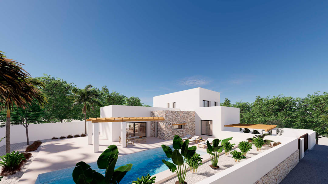 Exterior view of the villa featuring white facades, natural stone accents, a rectangular pool, and terrace areas shaded by wooden pergolas.