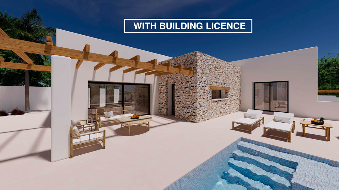Ibicencan-style villa exterior featuring natural stone accents, a wooden pergola, lounge area with bamboo furniture, and a pool with integrated steps.