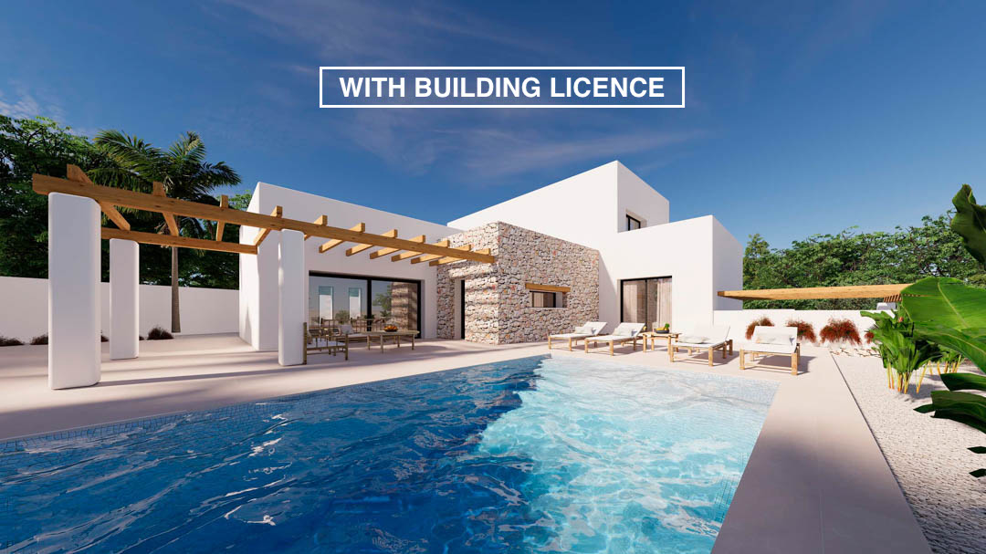 Ibizan-style villa exterior featuring a private swimming pool, natural stone facade, and a wooden pergola over a spacious sun terrace.