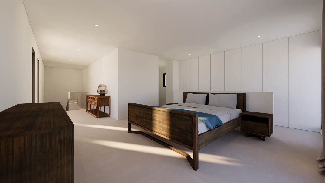 Minimalist bedroom featuring a dark wood bed frame, floor-to-ceiling white cabinetry, and recessed ceiling lighting with light-toned flooring.