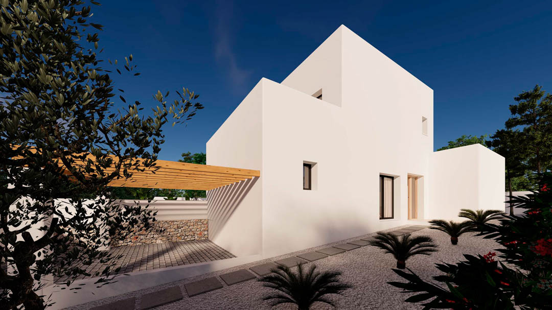 Minimalist Ibizan-style exterior featuring white cubic volumes, a natural wood pergola, and a gravel garden with stepping stones and Mediterranean flora.