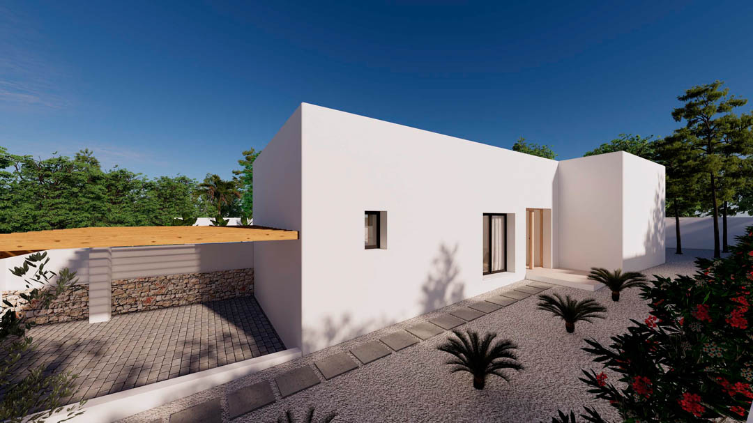 Minimalist Ibizan-style facade featuring white walls, a wooden pergola carport with stone accents, and a low-maintenance gravel garden with a stepping stone path.