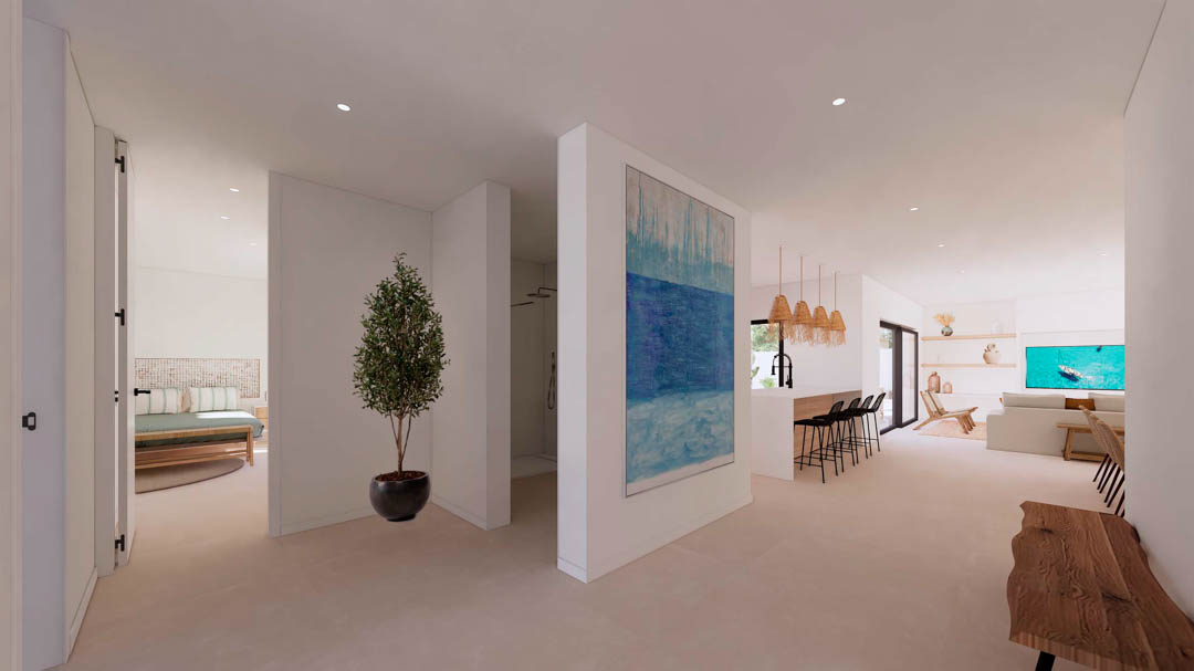 Open-plan layout connecting the bedroom and bathroom to the living area. Features light-toned flooring, recessed lighting, and a kitchen island with natural wood finishes.