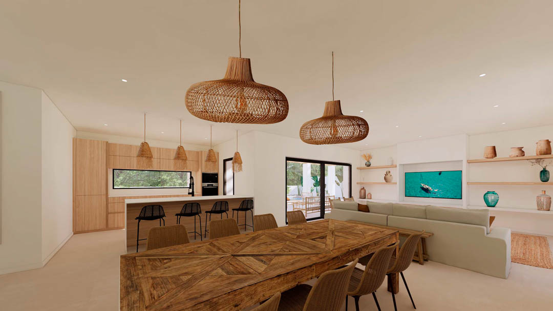Open-plan living and dining area featuring a rustic wooden table, natural fiber pendant lights, and a modern kitchen with integrated cabinetry and island.