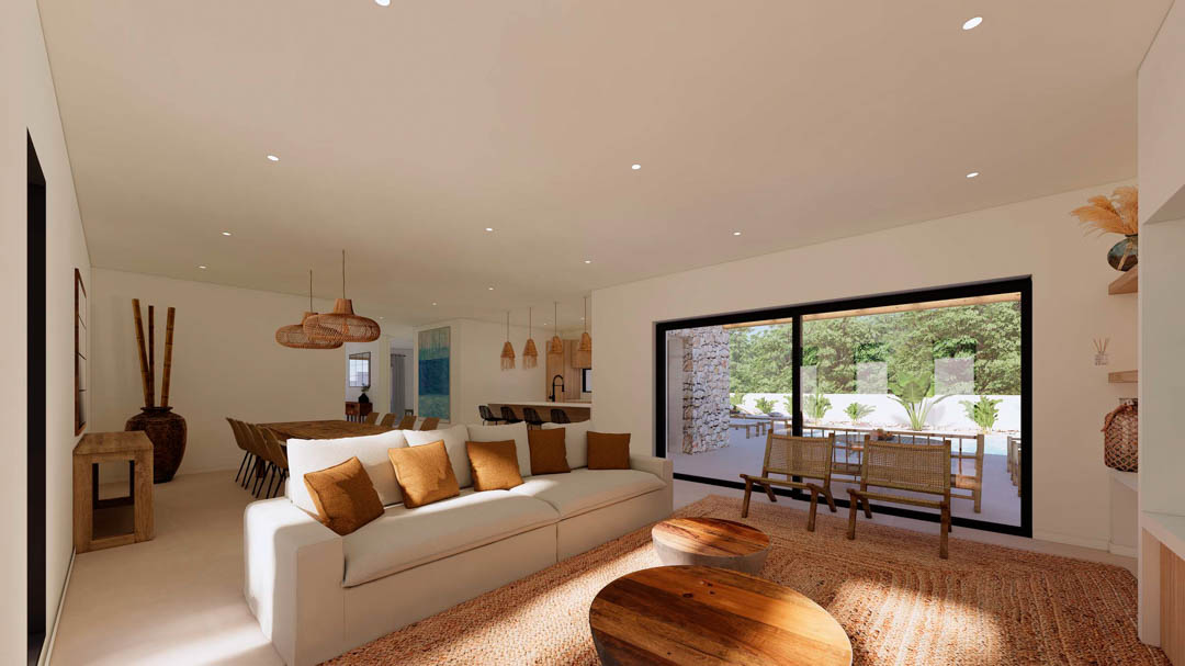 Spacious open-plan living room featuring earth-toned decor, recessed ceiling lighting, and large sliding glass doors leading to the outdoor terrace.