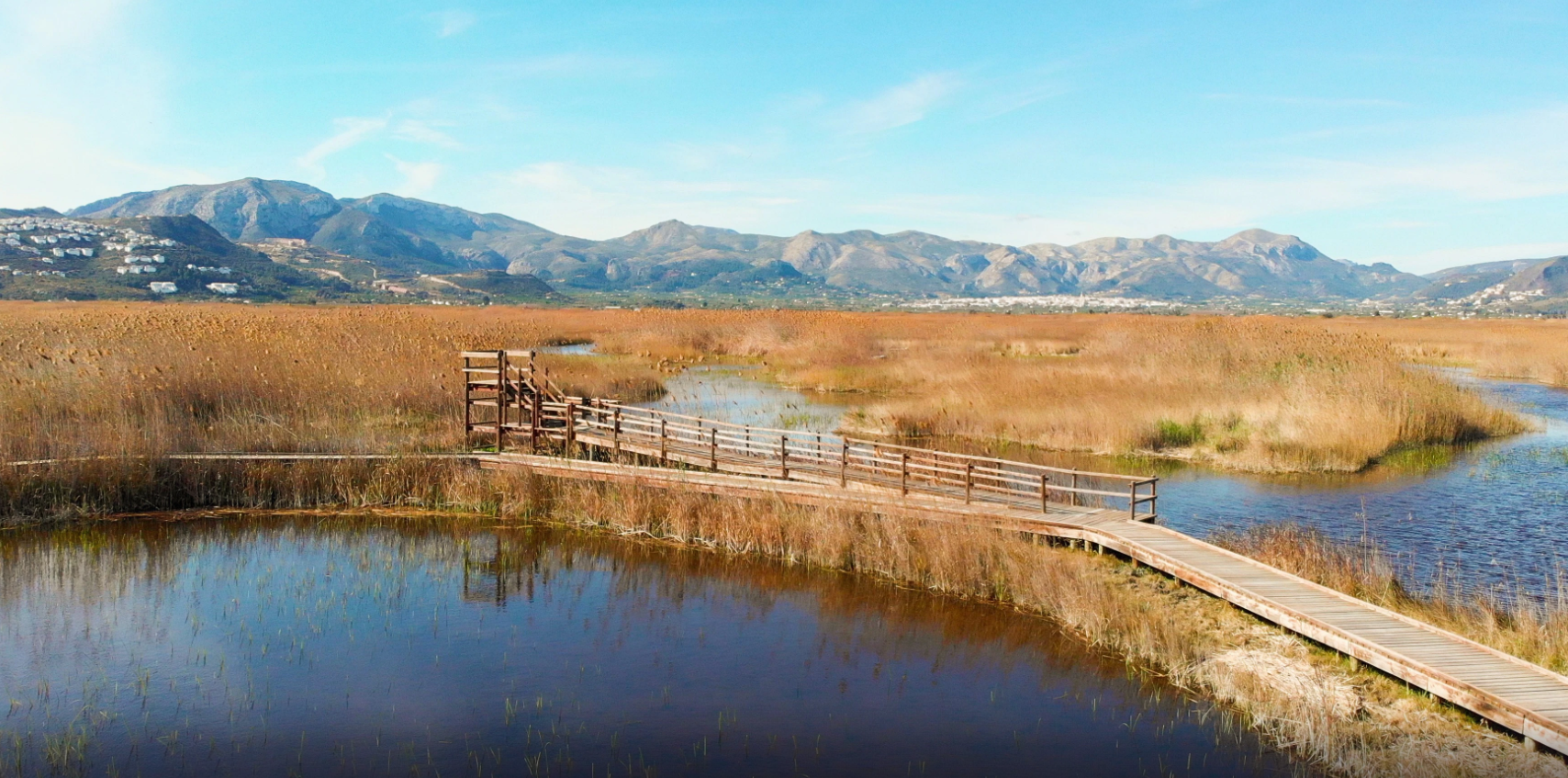 View of the Marjal de Pego-Oliva natural reserve with a wooden walkway and mountains in the background.