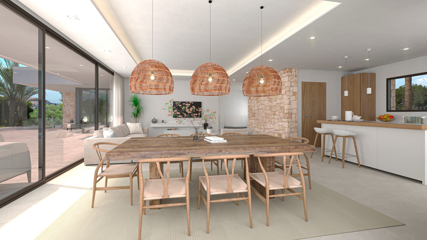 Bright dining area with rustic wood table and rattan pendant lights. Expansive views to the outside.