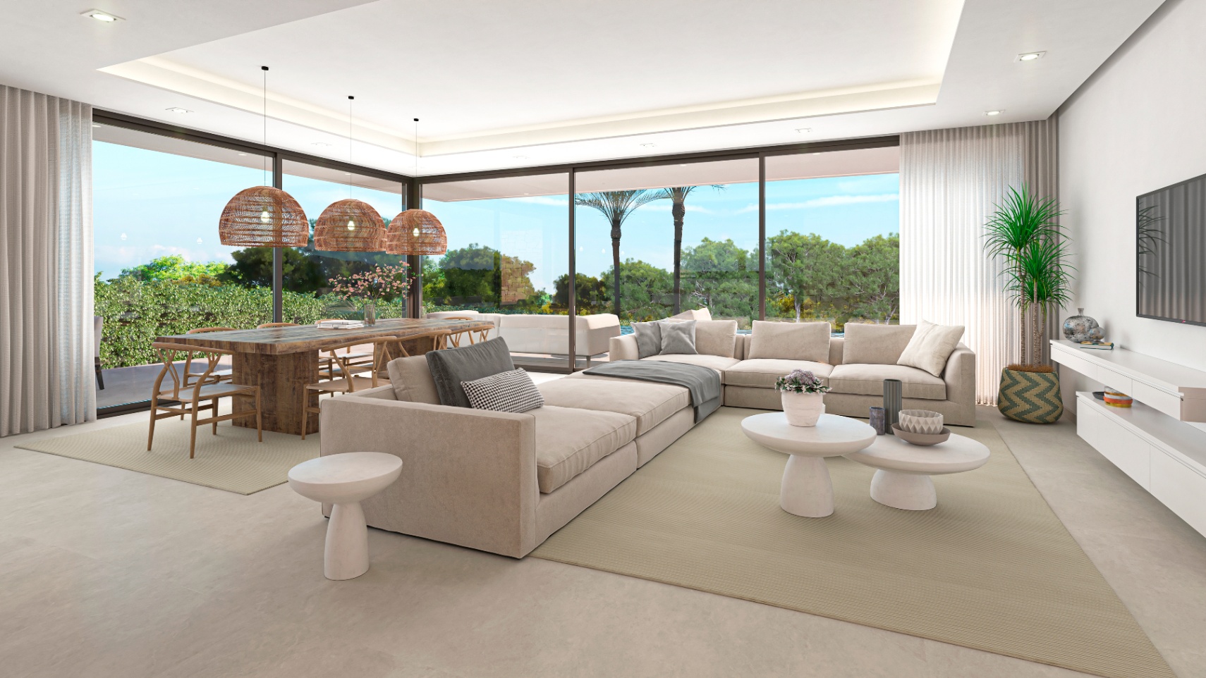 Expansive living-dining area featuring a rustic wood table and modular beige sofas, illuminated by wicker pendant lights.