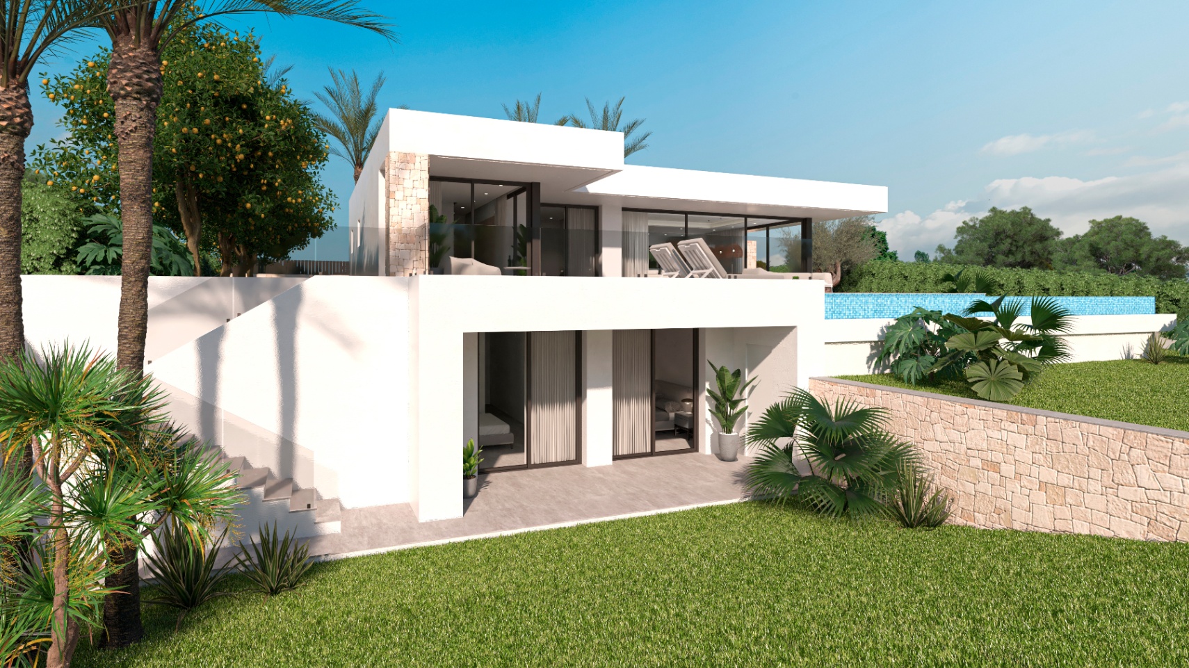 Exterior view of the villa featuring a garden, blue pool, and natural stone facade.