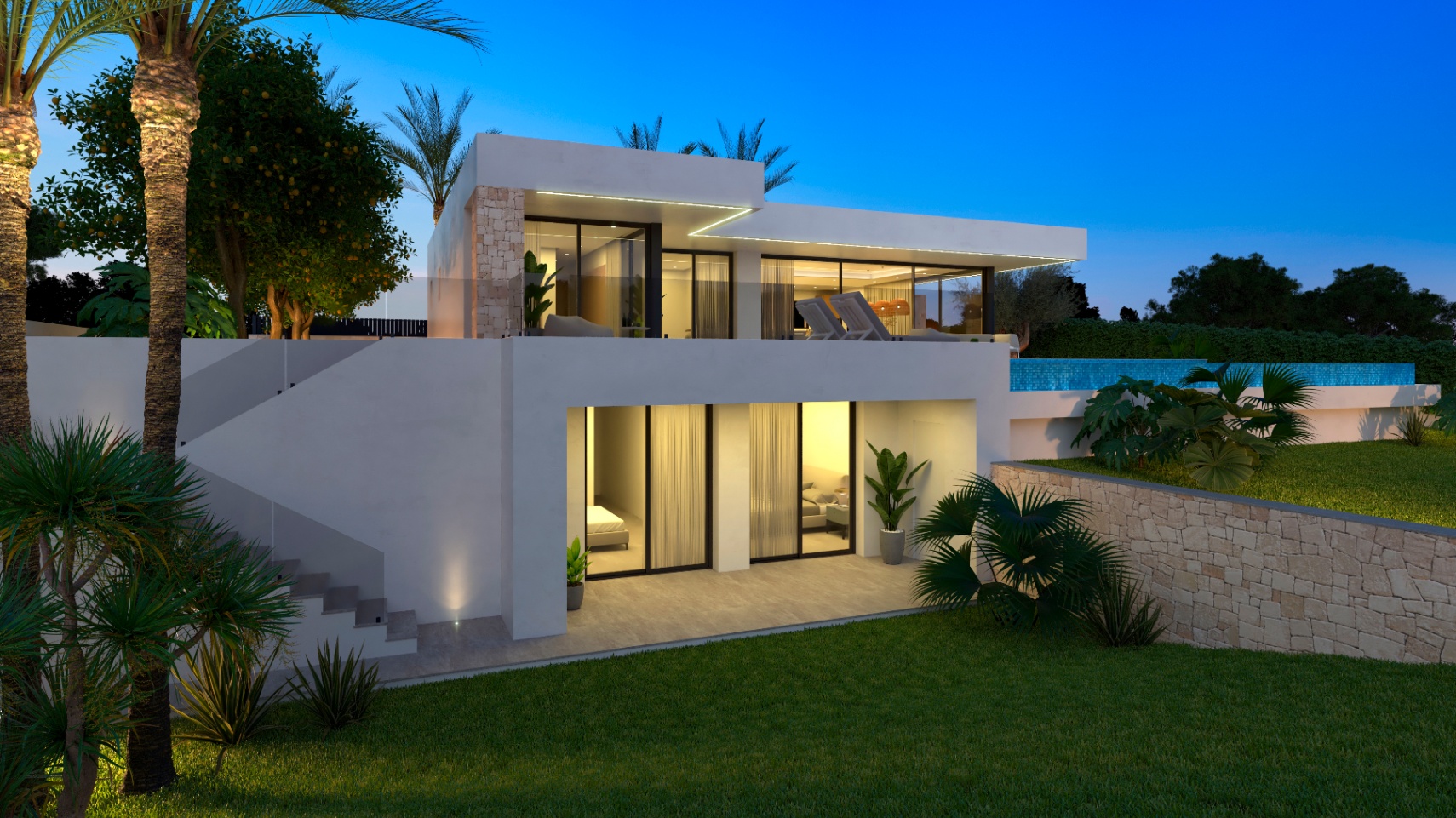 Exterior view of the villa with garden, pool, and access to the upper terrace.