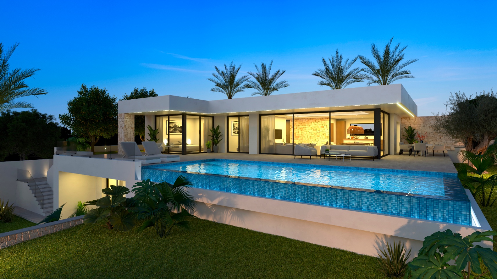 Night view of the pool with blue mosaic tiles and direct access to the living room.