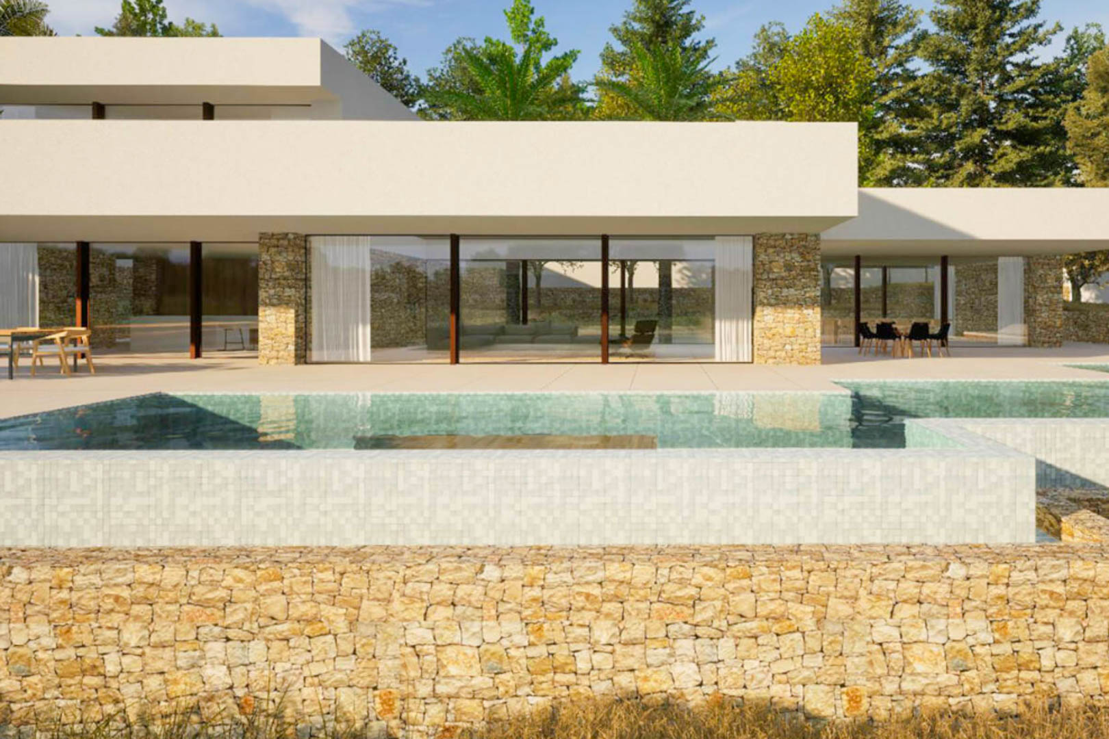 Exterior view featuring an infinity pool with light tiling, natural stone walls, and expansive floor-to-ceiling windows connecting the living areas to the terrace.