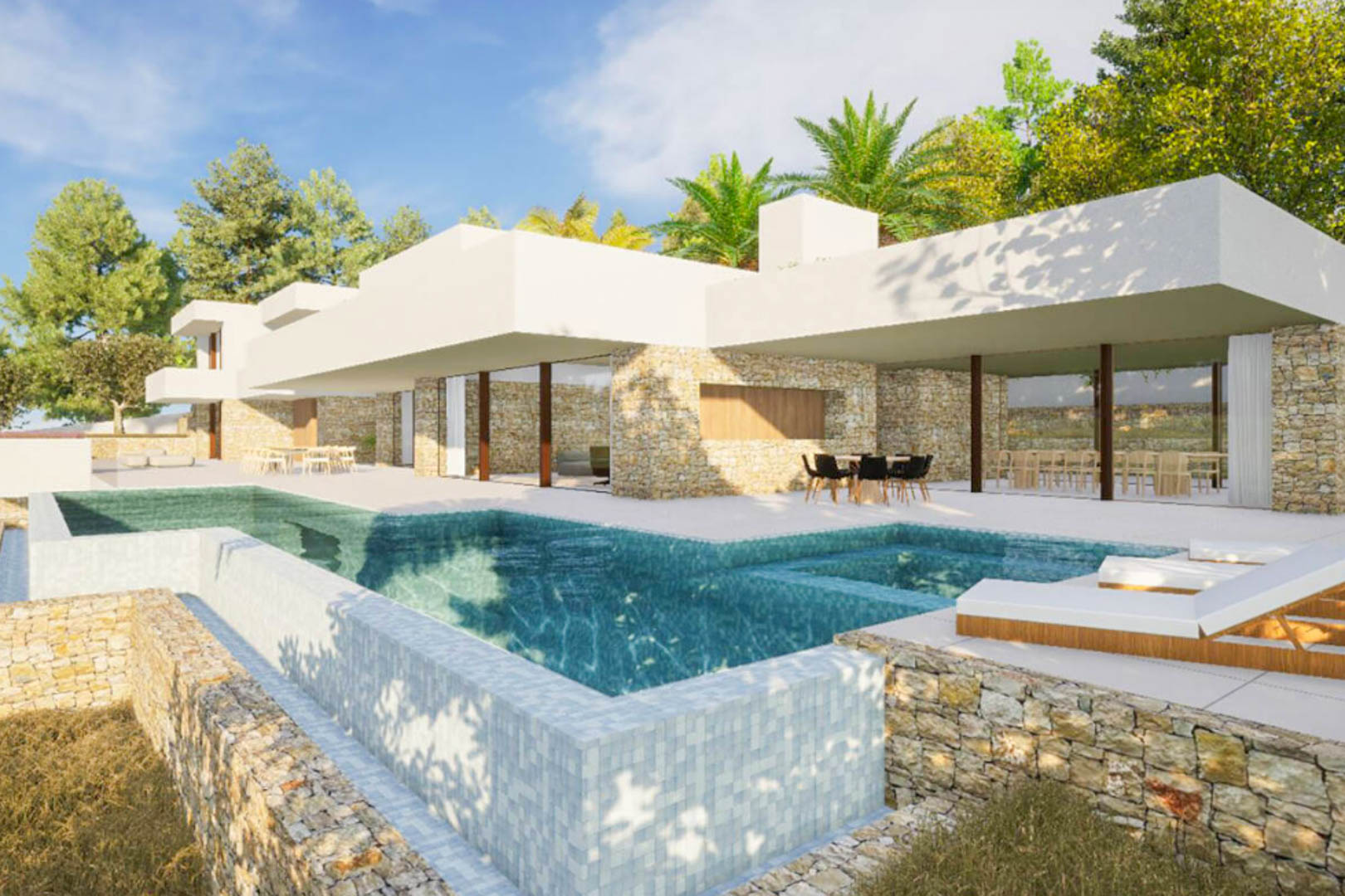 Exterior view featuring an infinity pool with turquoise tiles, natural stone walls, and modern Ibicenco architecture integrated with lush Mediterranean gardens.