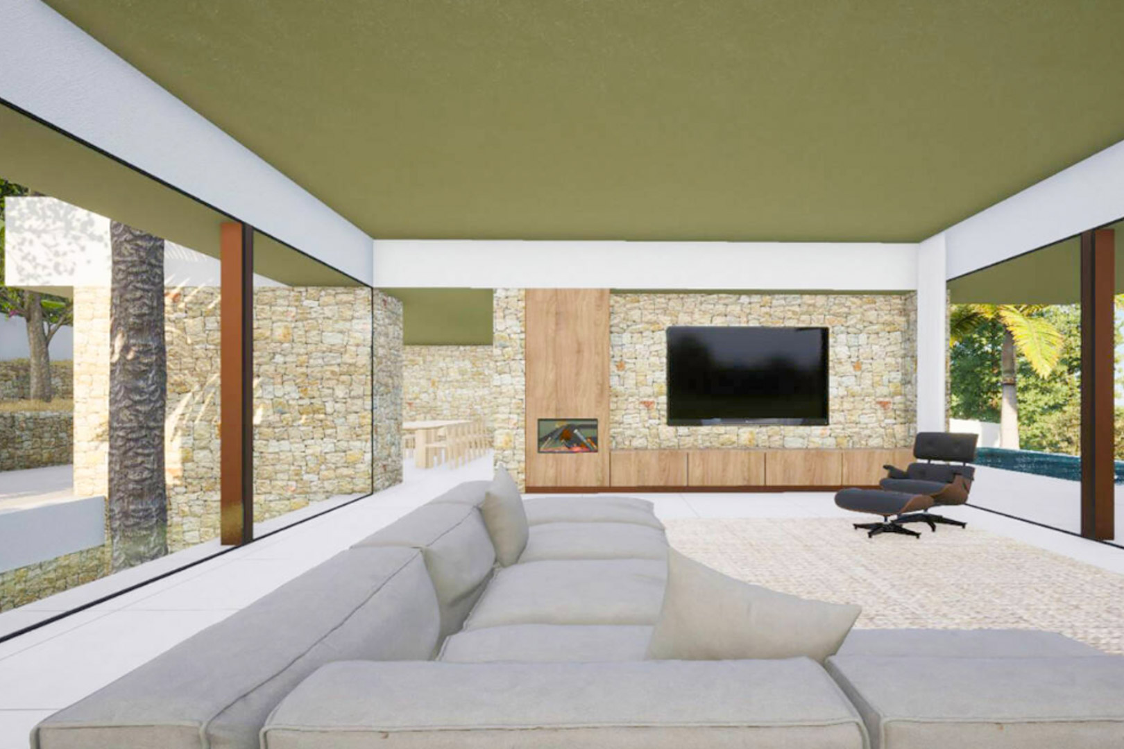 Modern living area featuring a natural stone accent wall, integrated fireplace, designer seating, and floor-to-ceiling glass walls overlooking the grounds.