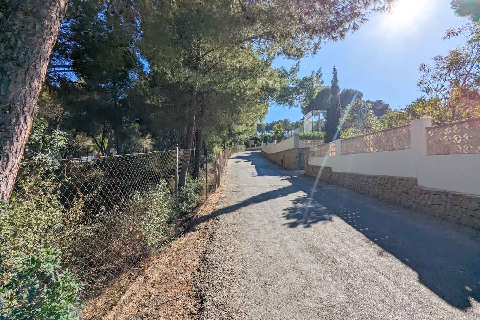 Paved access road bordered by mature pine trees and a traditional stone-clad perimeter wall with decorative lattice work in Moraira.