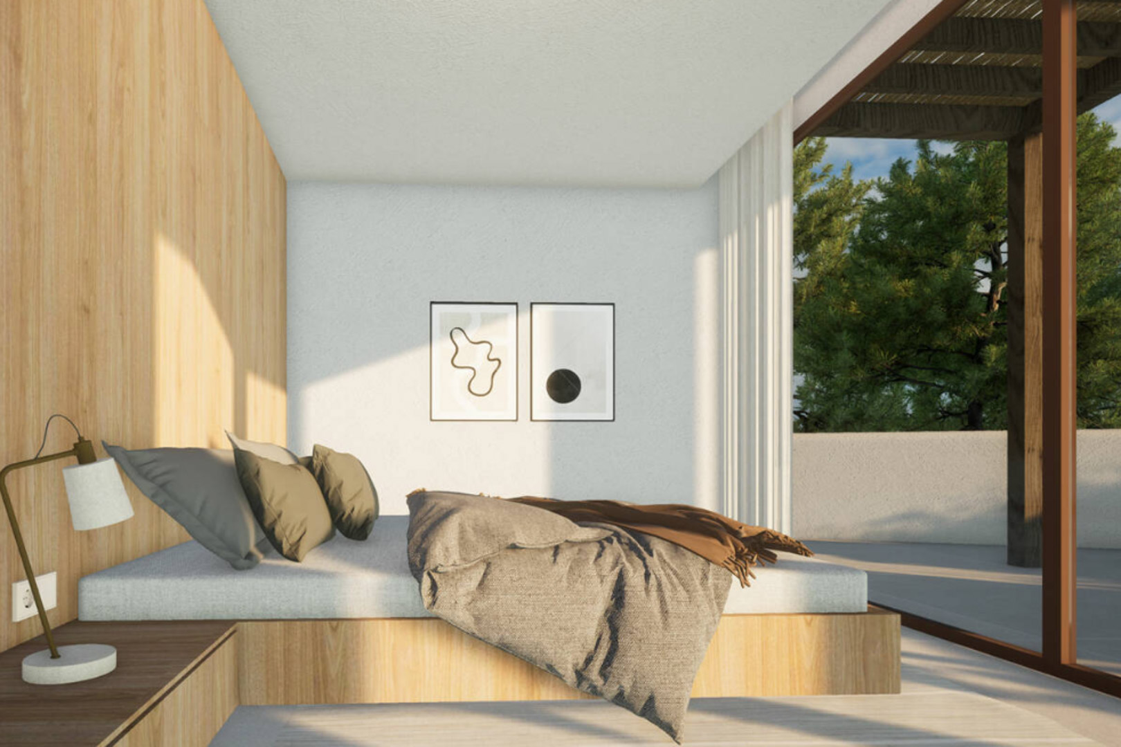 Bright bedroom with light wood wall, gray bedding, and modern art on the wall.