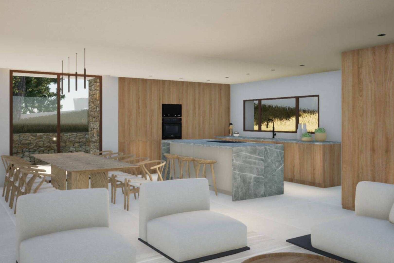 Expansive living-dining area featuring a veined stone kitchen island and light wood table with matching chairs.
