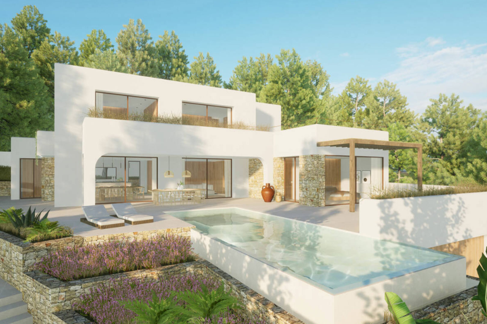 Exterior view of the villa featuring a rectangular pool, terrace with loungers, and a stone-walled garden.