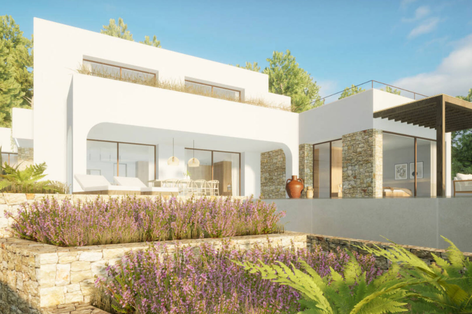 Exterior view of the villa with a terraced garden and natural stone facade.