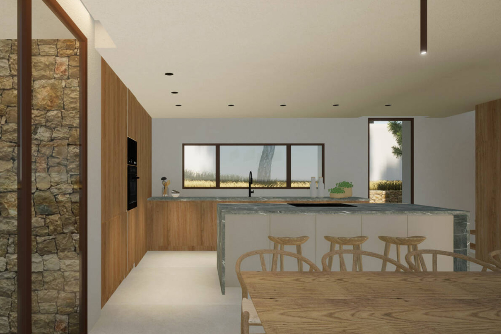 Modern kitchen with a central island, wooden stools, and stone countertop.