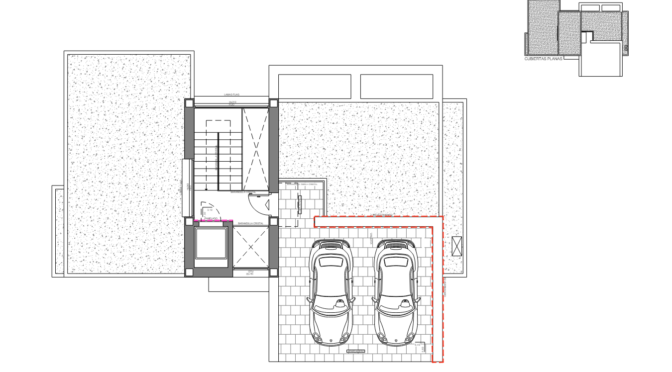 Architectural floor plan of the upper level featuring a double garage, the main entrance hall with an elevator, and internal staircase layout.