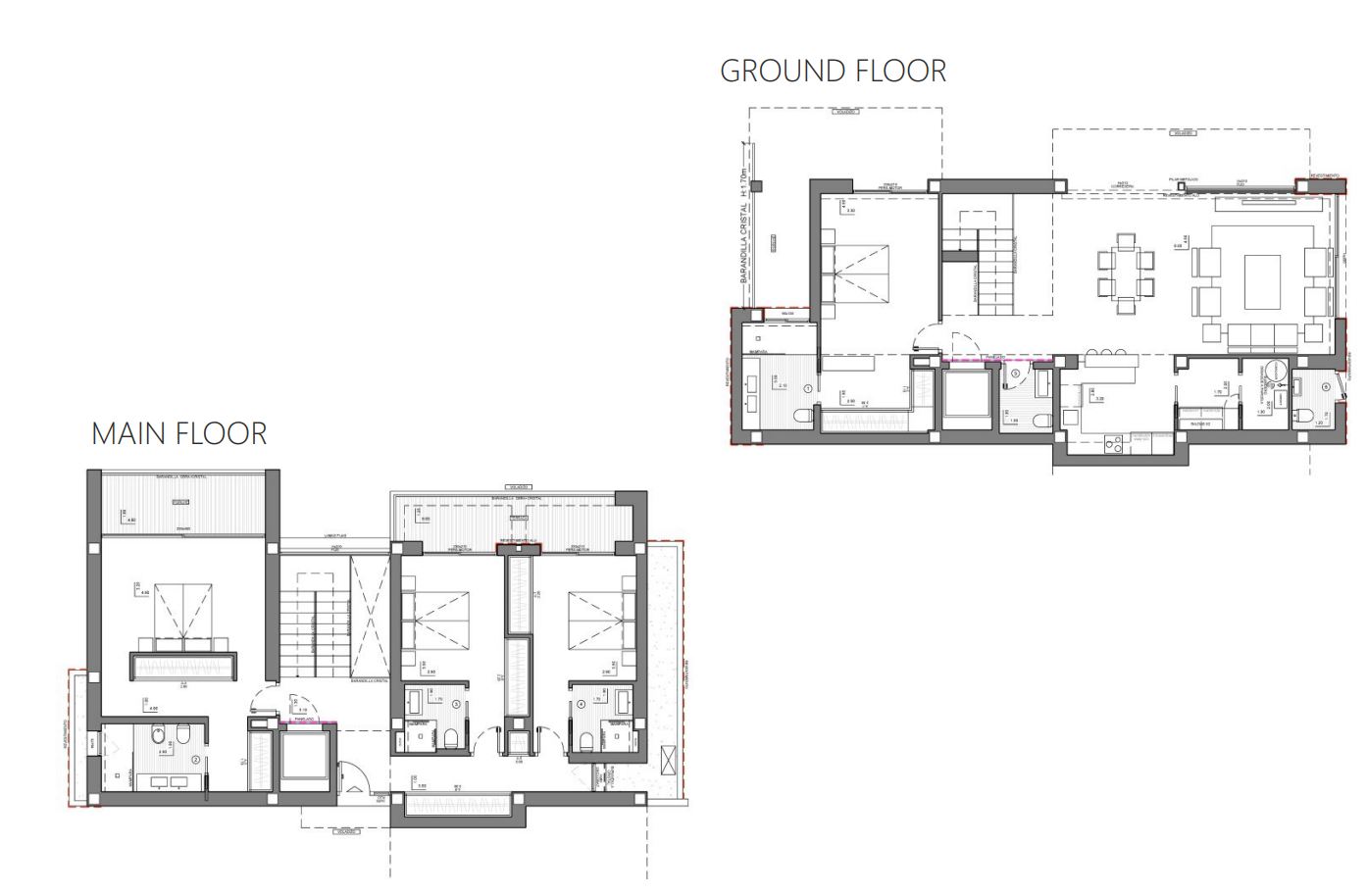 Detailed architectural floor plans of the main and ground levels, illustrating the layout of bedrooms, en-suite bathrooms, and the open-concept living area.